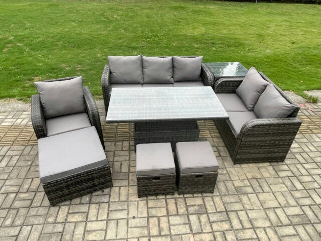 Rackhams Dark Grey Mixed Rattan Outdoor Dining Set - Height Adjustable Lifting Table, Reclining Chair, Side Table & 3 Footstools - image 1