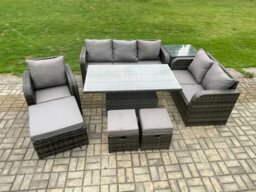 Rackhams Dark Grey Mixed Rattan Outdoor Dining Set - Height Adjustable Lifting Table, Reclining Chair, Side Table & 3 Footstools - thumbnail 2