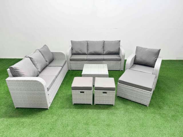 Rackhams 10 Seater Rattan Outdoor Garden Furniture Square Coffee Table Set 3 Seater Sofa Reclining Chair 3 Seater Sofa 3 Stools Light Grey - image 1