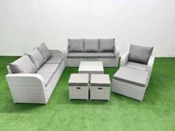 Rackhams 10 Seater Rattan Outdoor Garden Furniture Square Coffee Table Set 3 Seater Sofa Reclining Chair 3 Seater Sofa 3 Stools Light Grey - thumbnail 1