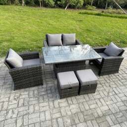 Rackhams 6 Seater Rattan Outdoor Garden Dining Set with Rising Table, Sofa & 2 Footstools - Dark Grey Mixed - thumbnail 2