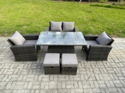 Rackhams 6 Seater Rattan Outdoor Garden Dining Set with Rising Table, Sofa & 2 Footstools - Dark Grey Mixed - thumbnail 3
