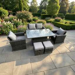 Rackhams 6 Seater Rattan Outdoor Garden Dining Set with Rising Table, Sofa & 2 Footstools - Dark Grey Mixed