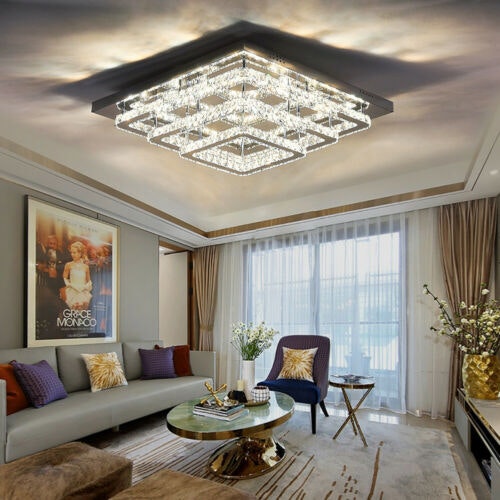Rackhams 96w LED Ceiling Light 70 x 70 cm Square 3 Tier Crystal Chandelier - Cool White (without remote) - image 1