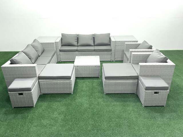 Rackhams Garden Outdoor Furniture Set 12 Seater Rattan Sofa Set with 4 Footstools 2 Side Tables Light Grey Mixed - image 1