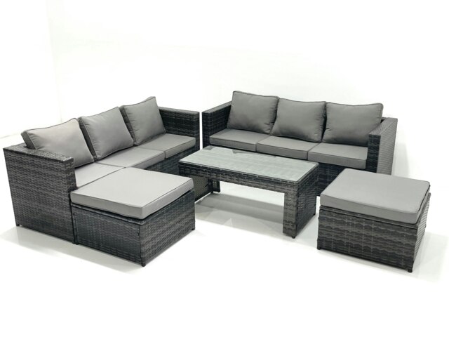Rackhams Garden Outdoor Rattan Furniture Set with Sofa Coffee table 2 Big Footstools Dark Grey Mixed - image 1