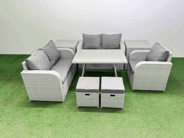 Rackhams 7 Seater Rattan Garden Furniture Set Love Sofa Reclining Chair with Rectangular Dining Table 2 Side Tables 2 Small Footstools Light Grey - image 1