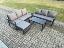Rackhams Aluminium 4 Pieces Outdoor Garden Furniture Lounge Sofa Set with Oblong Coffee Table Big Footstool Dark Grey - thumbnail 1