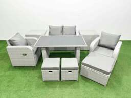 Rackhams Outdoor Rattan Garden Furniture Dining Set 7 seater Patio Rectangular Table Love Sofa Reclining Chair Set with 2 Side Tables 3 Stools - thumbnail 2