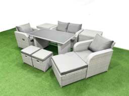 Rackhams Outdoor Rattan Garden Furniture Dining Set 7 seater Patio Rectangular Table Love Sofa Reclining Chair Set with 2 Side Tables 3 Stools - thumbnail 1