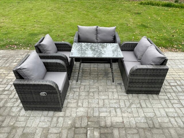 Rackhams Wicker PE Rattan Garden Dining Set Outdoor Furniture Sofa with Rectangular Dining Table Dark Grey Mixed - image 1