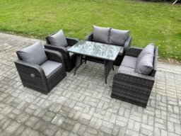 Rackhams Wicker PE Rattan Garden Dining Set Outdoor Furniture Sofa with Rectangular Dining Table Dark Grey Mixed - thumbnail 2