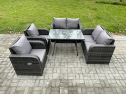 Rackhams Wicker PE Rattan Garden Dining Set Outdoor Furniture Sofa with Rectangular Dining Table Dark Grey Mixed - thumbnail 1