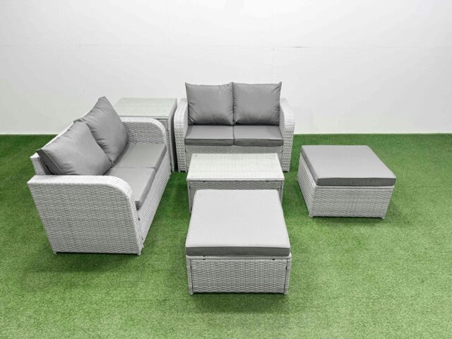 Rackhams 6 Seater Outdoor Love Sofa Set Rattan Garden Furniture Set with Rectangular Coffee Table 2 Footstool Side Table Light Grey - image 1