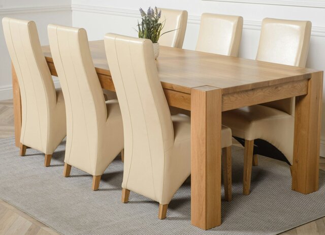 Rackhams Kuba Extra Large Oak Dining Table with Lola Leather Chairs - 6 chairs - Ivory - image 1