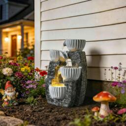 Rackhams 4-Tier Bowl Water Feature, Outdoor Water Fountain with LED Lights - Dark Grey - 21L x 15W x 34.5H cm - 1 - thumbnail 1