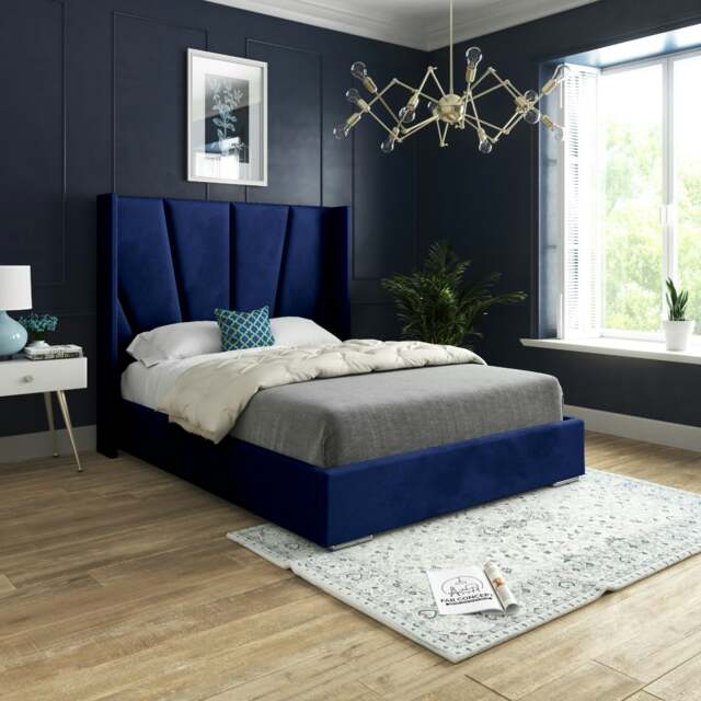 Rackhams Bellini Wide Curved Winged Upholstered Soft Velvet Bed Frame - Blue - Blue - Small single - image 1