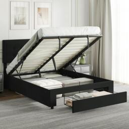 Rackhams Double Bed Frame with Storage and Adjustable Velvet Headboard, Black - Black - 193.5 - Yes