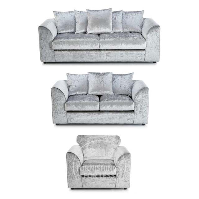 Rackhams Crystal Crushed Velvet 3 Piece Sofa Suite Scatter Back - Silver - image 1