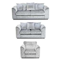 Rackhams Crystal Crushed Velvet 3 Piece Sofa Suite Scatter Back - Silver - thumbnail 1