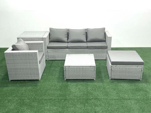 Rackhams Garden Outdoor Furniture Set 5 Seater Rattan Sofa Set with Big Footstool Armchair Side Table Light Grey Mixed - image 1