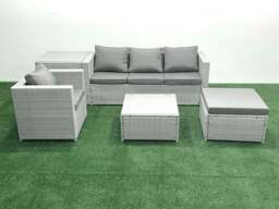 Rackhams Garden Outdoor Furniture Set 5 Seater Rattan Sofa Set with Big Footstool Armchair Side Table Light Grey Mixed - thumbnail 2