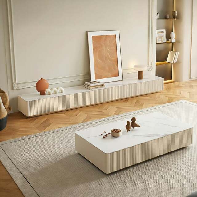 Rackhams Abigail Stylish TV Stand, Sintered Stone, Cream - Dark Grey - 190cm - image 1
