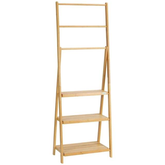 Rackhams Freestanding Natural Bamboo Towel Rack with 3 Towel Rails and 3 Storage Shelves, Space-Saving Foldable Towel Holder for Bathroom - image 1
