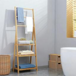 Rackhams Freestanding Natural Bamboo Towel Rack with 3 Towel Rails and 3 Storage Shelves, Space-Saving Foldable Towel Holder for Bathroom - thumbnail 2