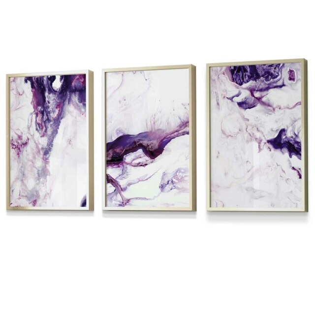 Rackhams Set of 3 Purple Pink Abstract Waves Framed Wall Art - 42x59cm (A2) - Gold - image 1