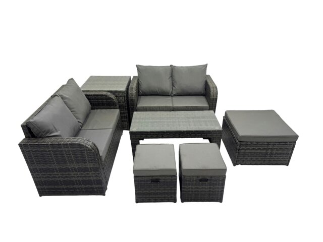 Rackhams 3 Seater Sofa Reclining Chair Coffee Table Set Rattan Garden Outdoor Furniture Set with Side Table 3 Stools Dark Grey Mixed - image 1