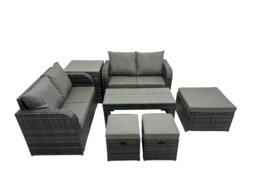 Rackhams 3 Seater Sofa Reclining Chair Coffee Table Set Rattan Garden Outdoor Furniture Set with Side Table 3 Stools Dark Grey Mixed - thumbnail 1