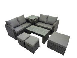 Rackhams 3 Seater Sofa Reclining Chair Coffee Table Set Rattan Garden Outdoor Furniture Set with Side Table 3 Stools Dark Grey Mixed - thumbnail 2