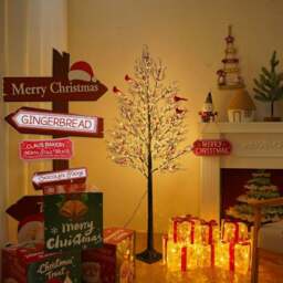 Rackhams 150cm Pre Lit LED Twig Birch Christmas Tree Lamp with Red Birds – 200 Warm White Lights, 8 Modes, Indoor/Outdoor Decoration Christmas - thumbnail 1