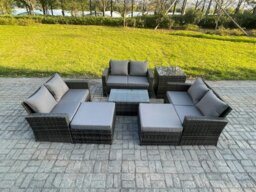 Rackhams 7 pc Rattan Sofa Garden Furniture Outdoor Patio Set with Side Tables 2 Big Footstool Love Seat Sofa Dark Grey Mixed - thumbnail 2