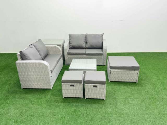 Rackhams 7 Seater Outdoor Love Sofa Set Rattan Garden Furniture Set with Square Coffee Table 3 Footstool Side Table Light Grey - image 1