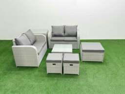Rackhams 7 Seater Outdoor Love Sofa Set Rattan Garden Furniture Set with Square Coffee Table 3 Footstool Side Table Light Grey - thumbnail 1