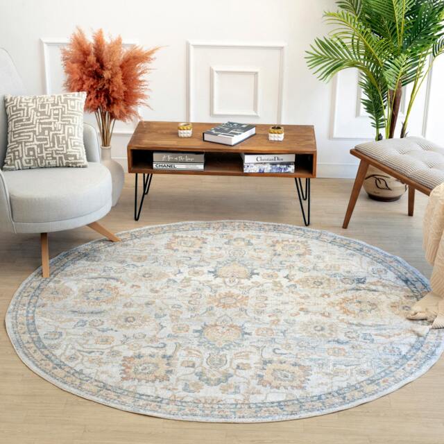 Rackhams Lillian-Washable Grey Yellow Blue Traditional Vintage Boho Rug - 200cm_diameter - image 1