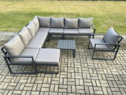 Rackhams Outdoor Garden Furniture Patio Lounge Corner Sofa Aluminium Set with Square Coffee Table Big Footstool Chair Dark Grey - thumbnail 2