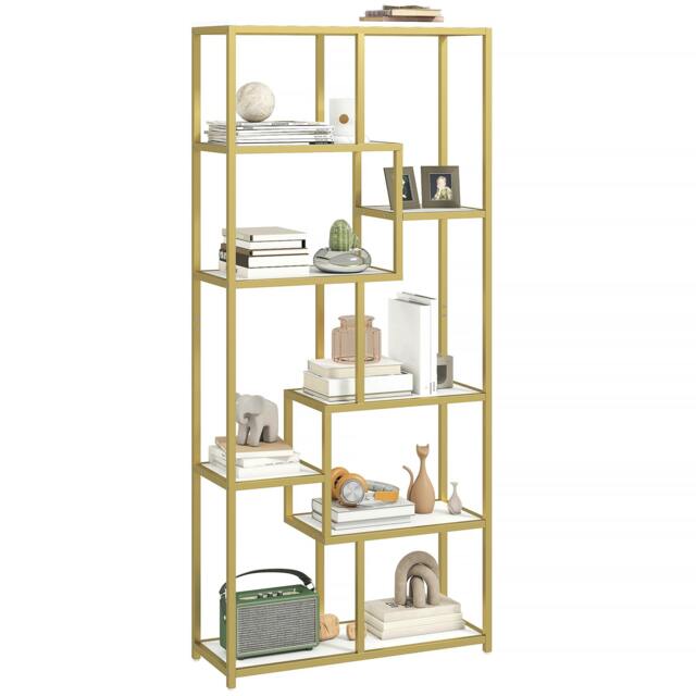 Rackhams Industrial Bookcase 7-Tier Bookshelf Shelving Unit Rustic Brown Black - White and Gold Tone