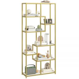 Rackhams Industrial Bookcase 7-Tier Bookshelf Shelving Unit Rustic Brown Black - White and Gold Tone