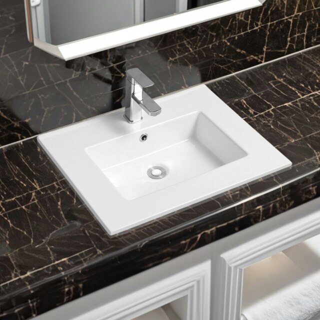 Rackhams 4012 Ceramic 61cm Thin-Edge Inset Basin with Rectangular Bowl - White - Ceramic - 61cm - image 1