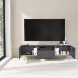 Rackhams Elegantly Grey Grooved Front TV Unit 180cm with Gold Accents - 180 cm  - 1 -  MDF/Chipboard - thumbnail 3