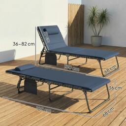 Rackhams Folding Sun Loungers Set of 2, Reclining Sun Bed, Dark Blue - Steel, Mesh Fabric - Blue - thumbnail 3