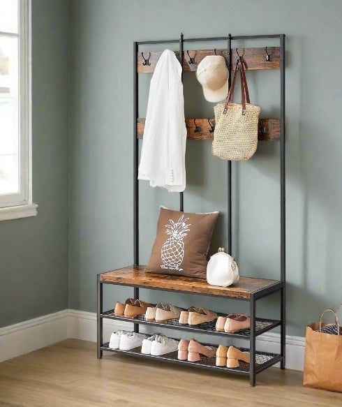 Rackhams Industrial Entryway Coat Rack with 12 Hooks and Bench - image 1