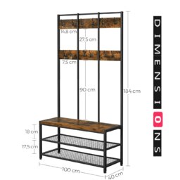 Rackhams Industrial Entryway Coat Rack with 12 Hooks and Bench - thumbnail 4