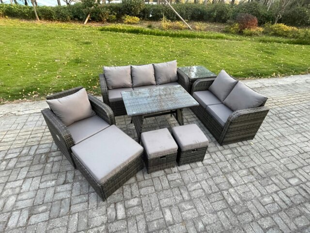 Rackhams 9 Seater Outdoor Rattan Garden Furniture Set Patio Lounge Sofa Set with Dining Table 3 Footstools Side Table Dark Grey Mixed - image 1