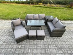 Rackhams 9 Seater Outdoor Rattan Garden Furniture Set Patio Lounge Sofa Set with Dining Table 3 Footstools Side Table Dark Grey Mixed - thumbnail 2