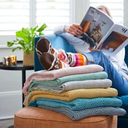 Rackhams Chevron Recycled Cotton Throw - Blue - thumbnail 3