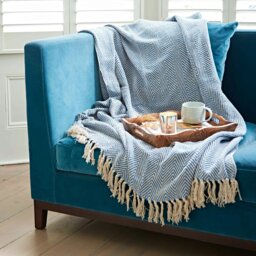 Rackhams Chevron Recycled Cotton Throw - Blue - thumbnail 1